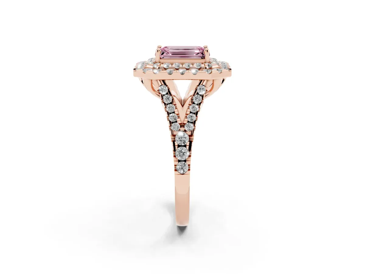 Fancy Pink Double Halo Emerald Cut Diamond Pavé Split Shank Ring with Prong Setting Rose gold