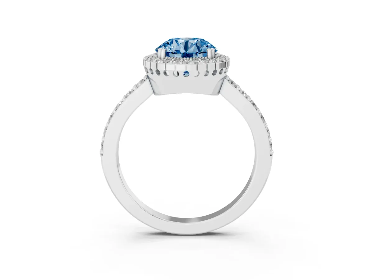 Fancy Blue Round Cut Cut Diamond Halo Engagement Ring with Milgrain Detail and Pavé Band Silver
