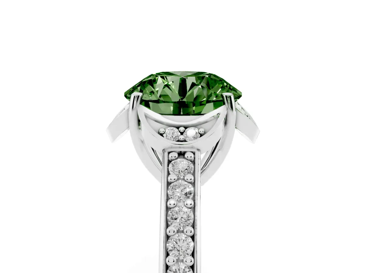 Fancy Green Round Cut Cut Halo Diamond Ring with Channel Set Band and Four-Prong Setting Silver