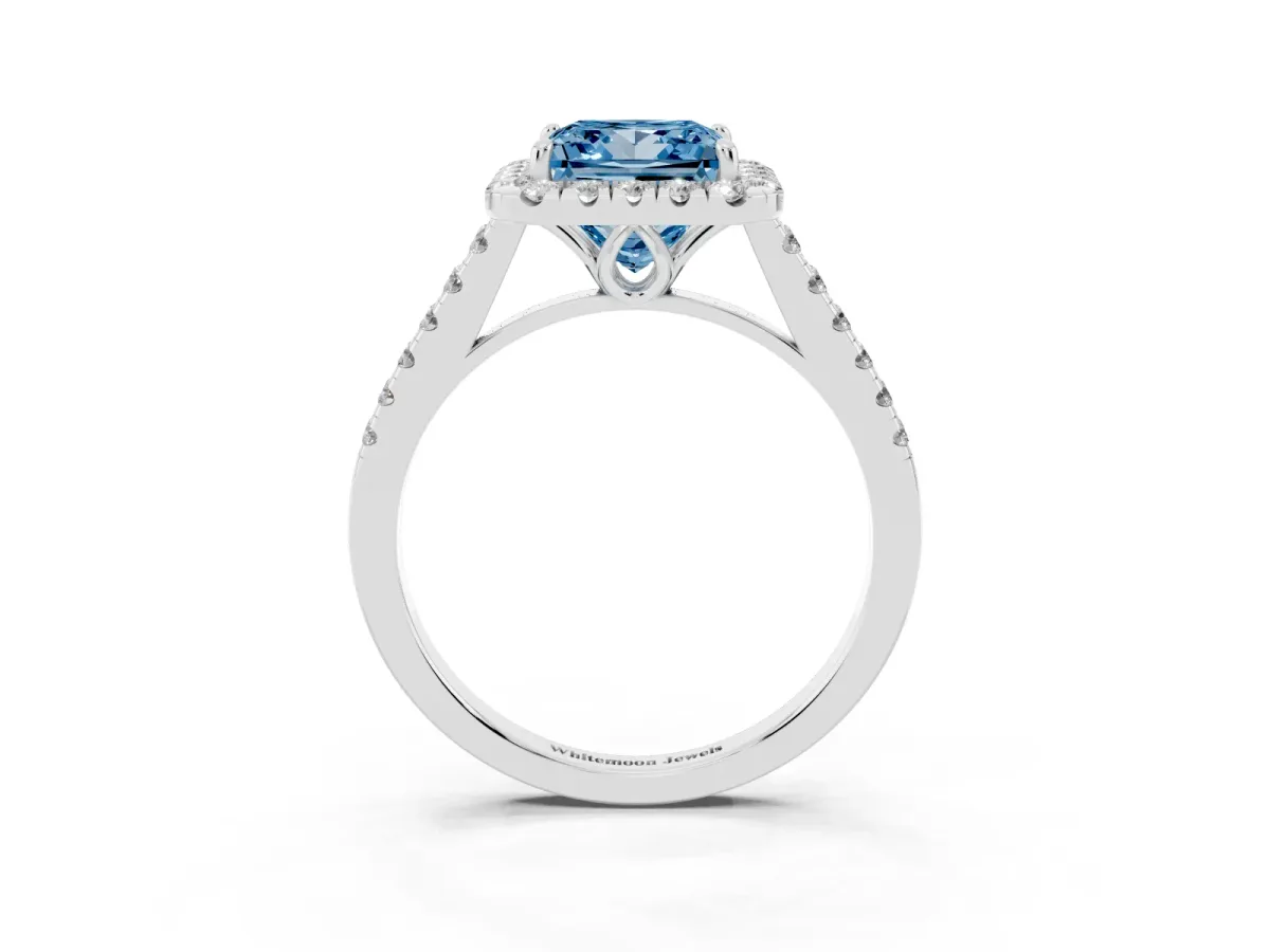 Fancy Blue Princess Cut Halo Pavé Diamond Engagement Ring with Four-Prong Setting Silver