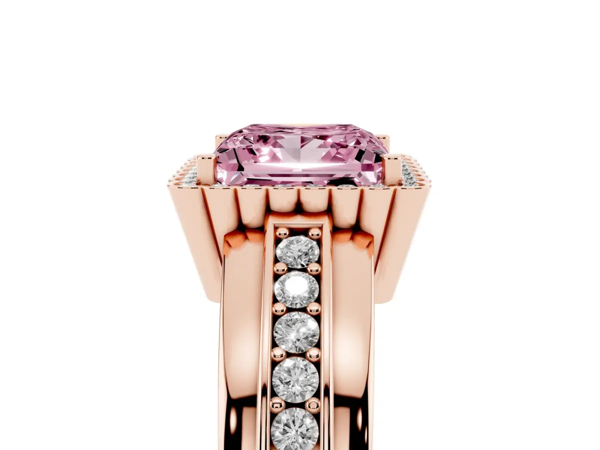 Fancy Pink Princess Cut Cut Halo Pave Band Four-Prong Ring Rose gold