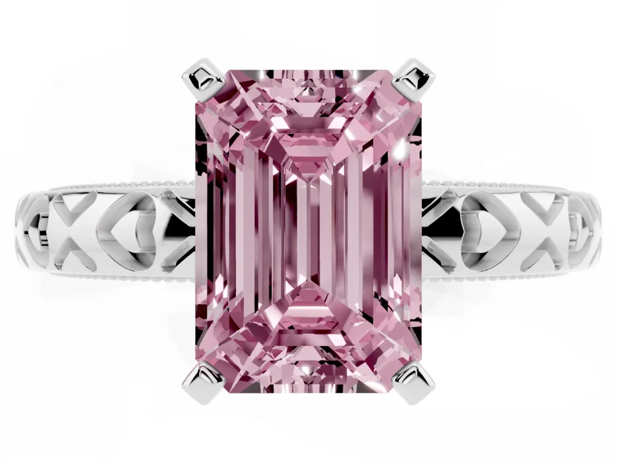 Fancy Pink Emerald Cut Solitaire Diamond Engagement Ring with XO Engraved Band and Four-Prong Setting Silver