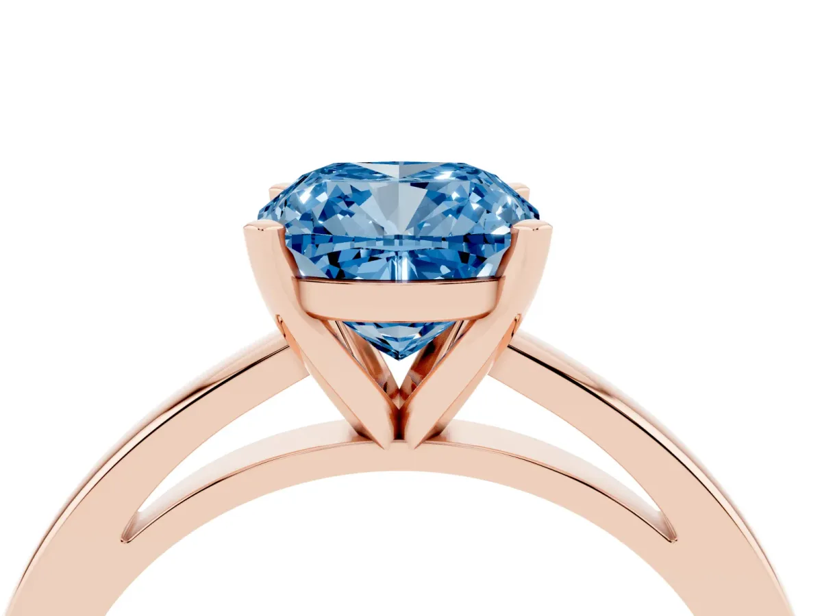 Fancy Blue Cushion Cut Solitaire Diamond Engagement Ring with Four-Prong Setting on a Classic Band Rose gold