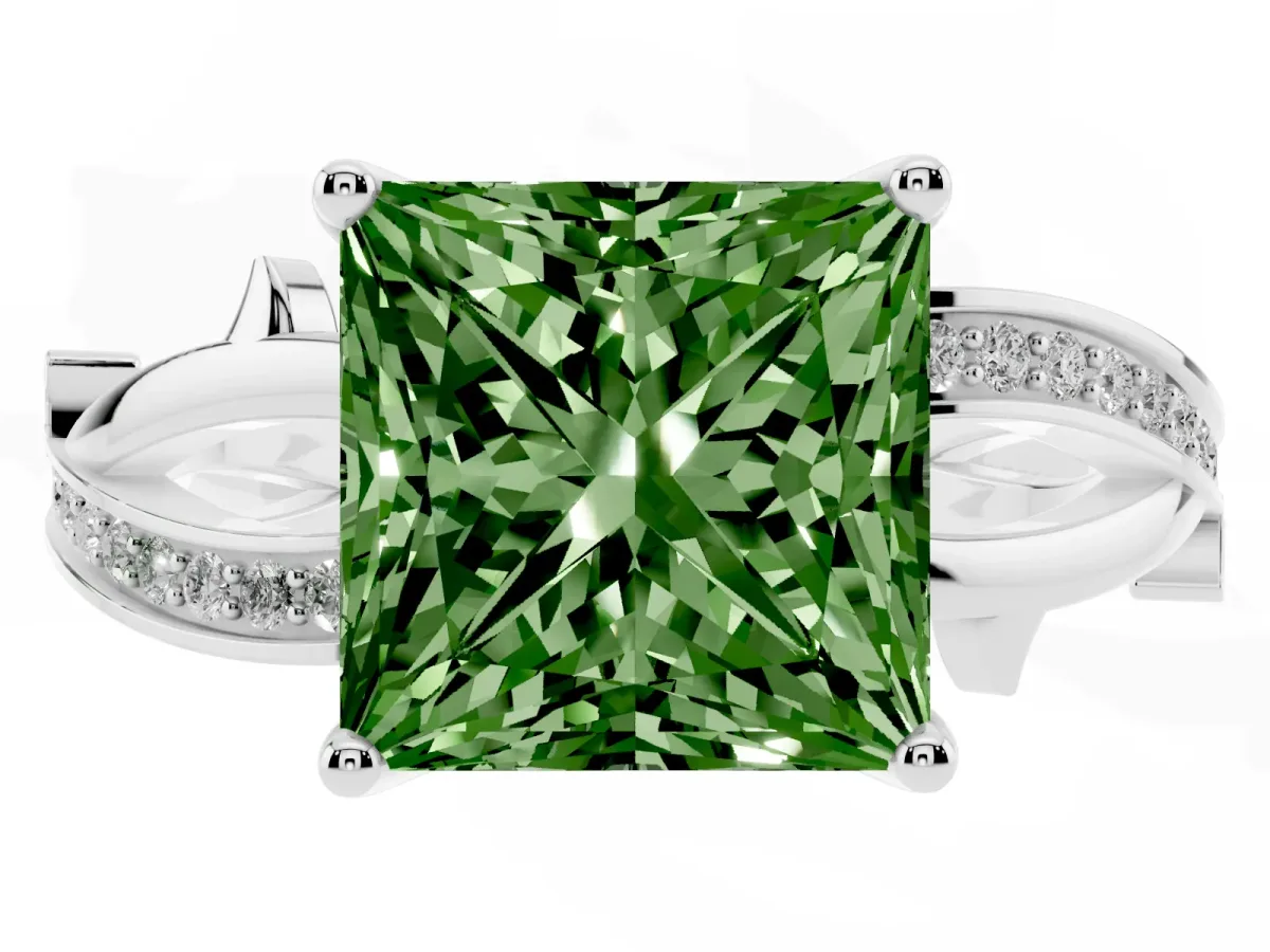Fancy Green Princess Cut Solitaire Twist Band with Pavé Accents and Four-Prong Setting White gold