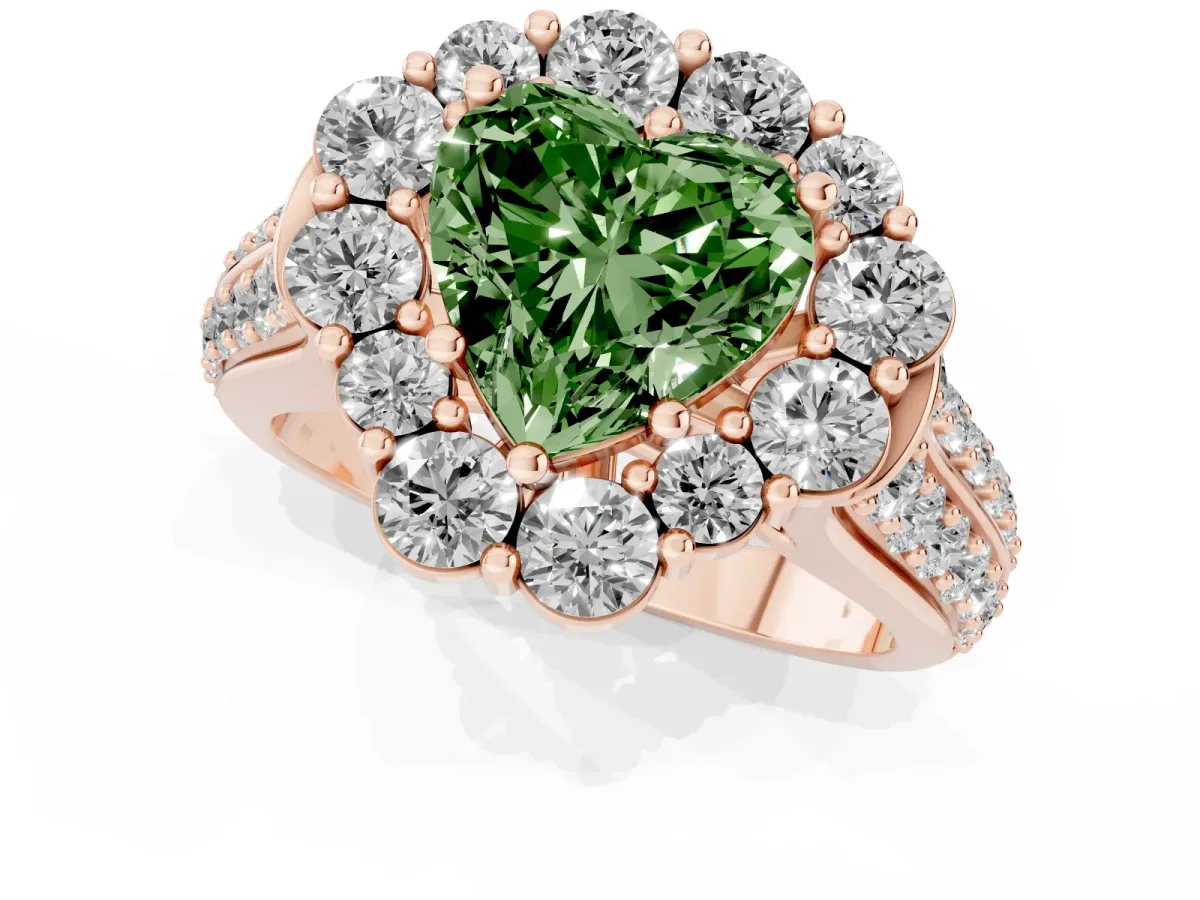 Fancy Green Heart Cut Halo Diamond Engagement Ring with Split Shank and Prong Setting Rose gold