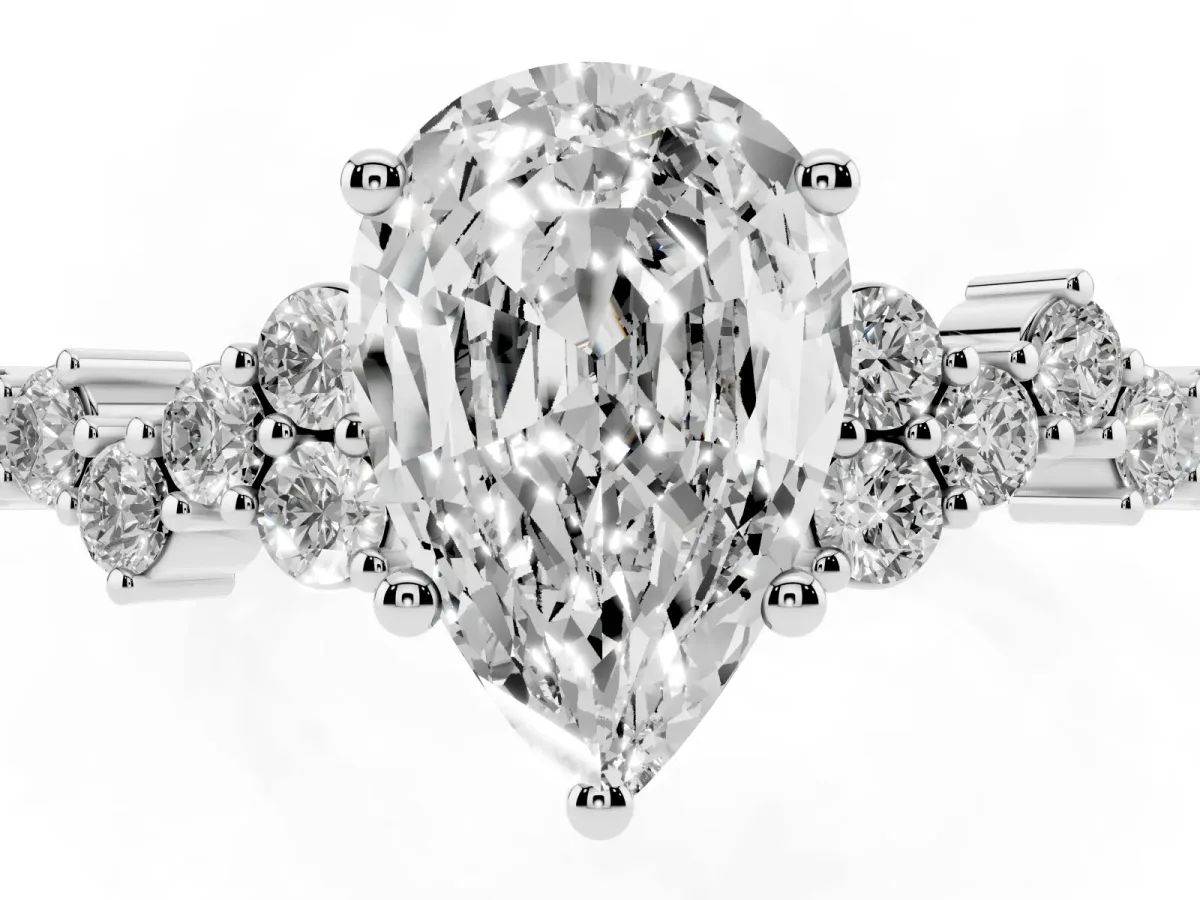 Pear Cut Diamond Scattered Round Accent Ring with Prong Setting White gold