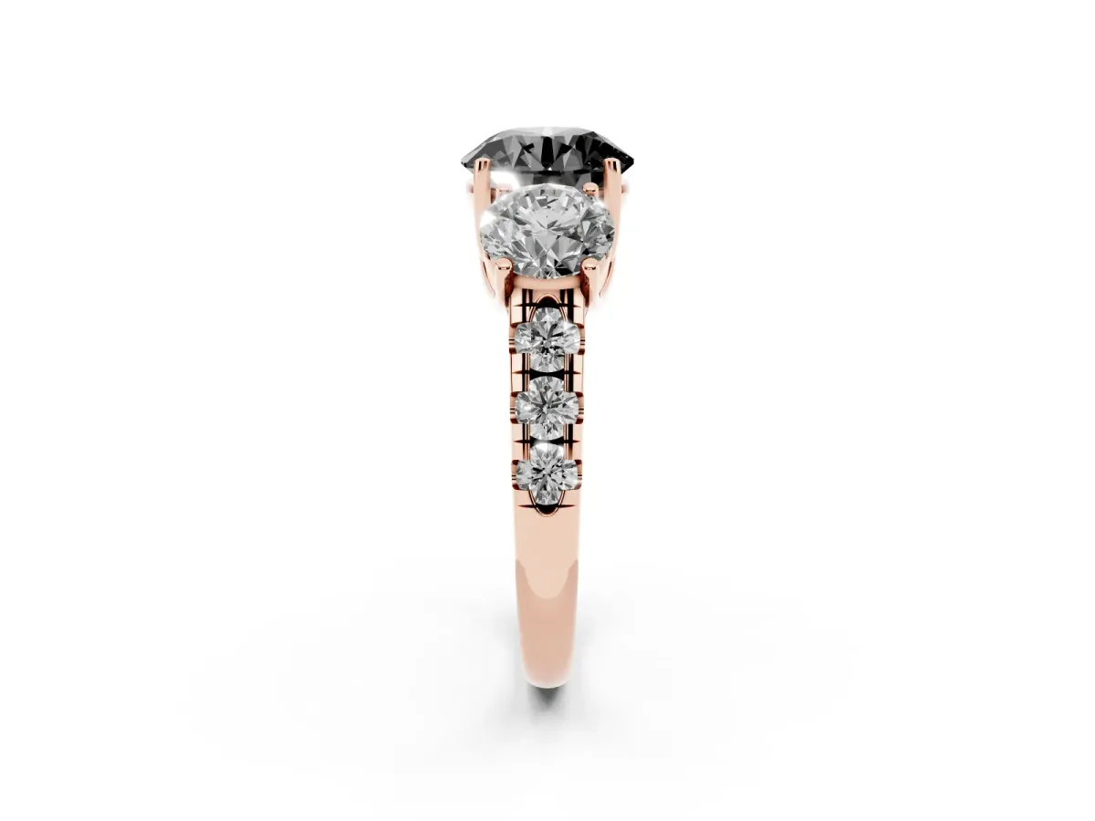 Fancy Black Three-Stone Round Cut Diamond Pavé Band with Prong Setting Rose gold