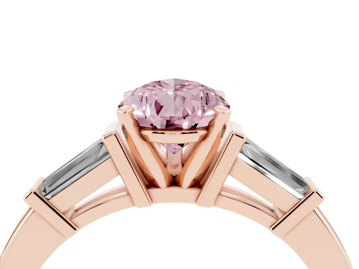 Fancy Pink Pear Cut Cut Diamond Solitaire Ring with Tapered Baguette Accents and Four-Prong Setting Rose gold