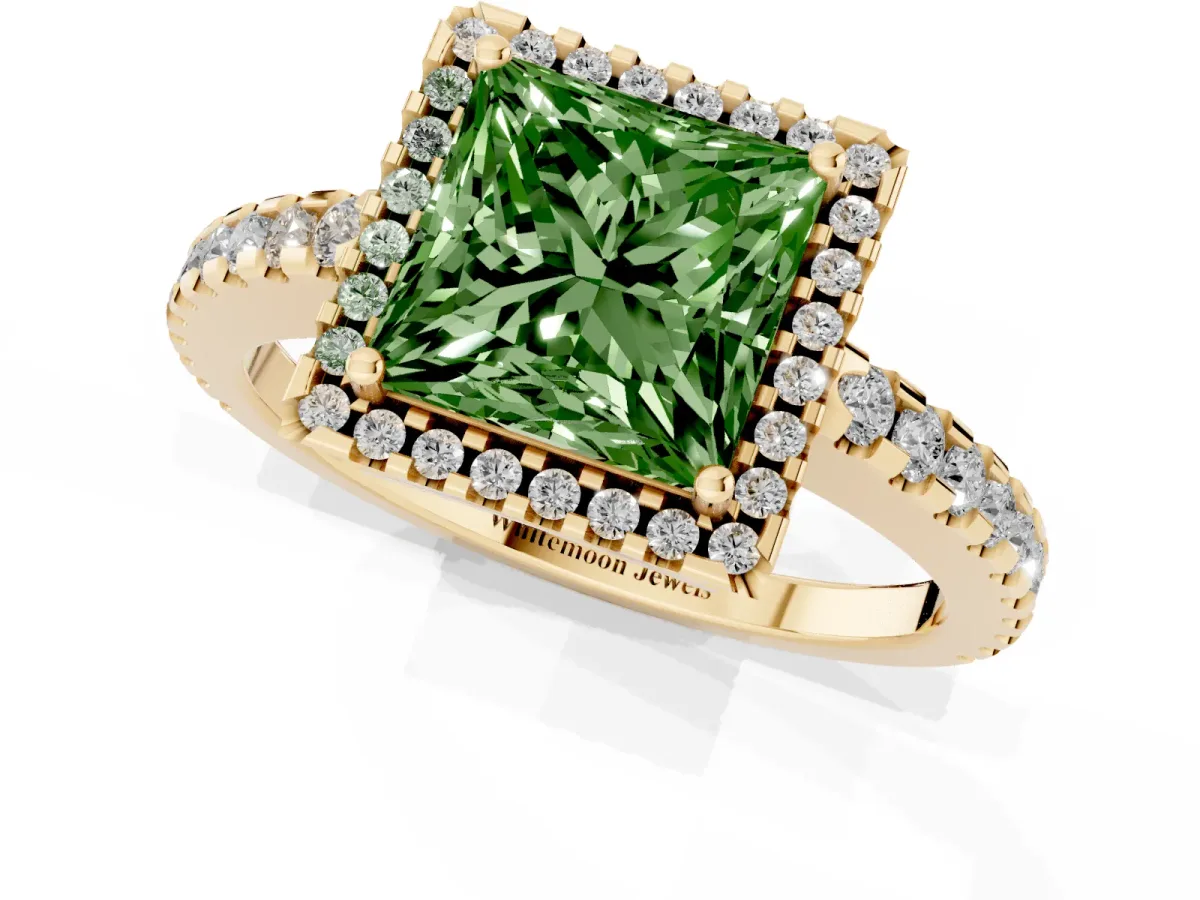 Fancy Green Princess Cut Diamond Halo Engagement Ring with Pavé Band and Prong Setting Yellow gold