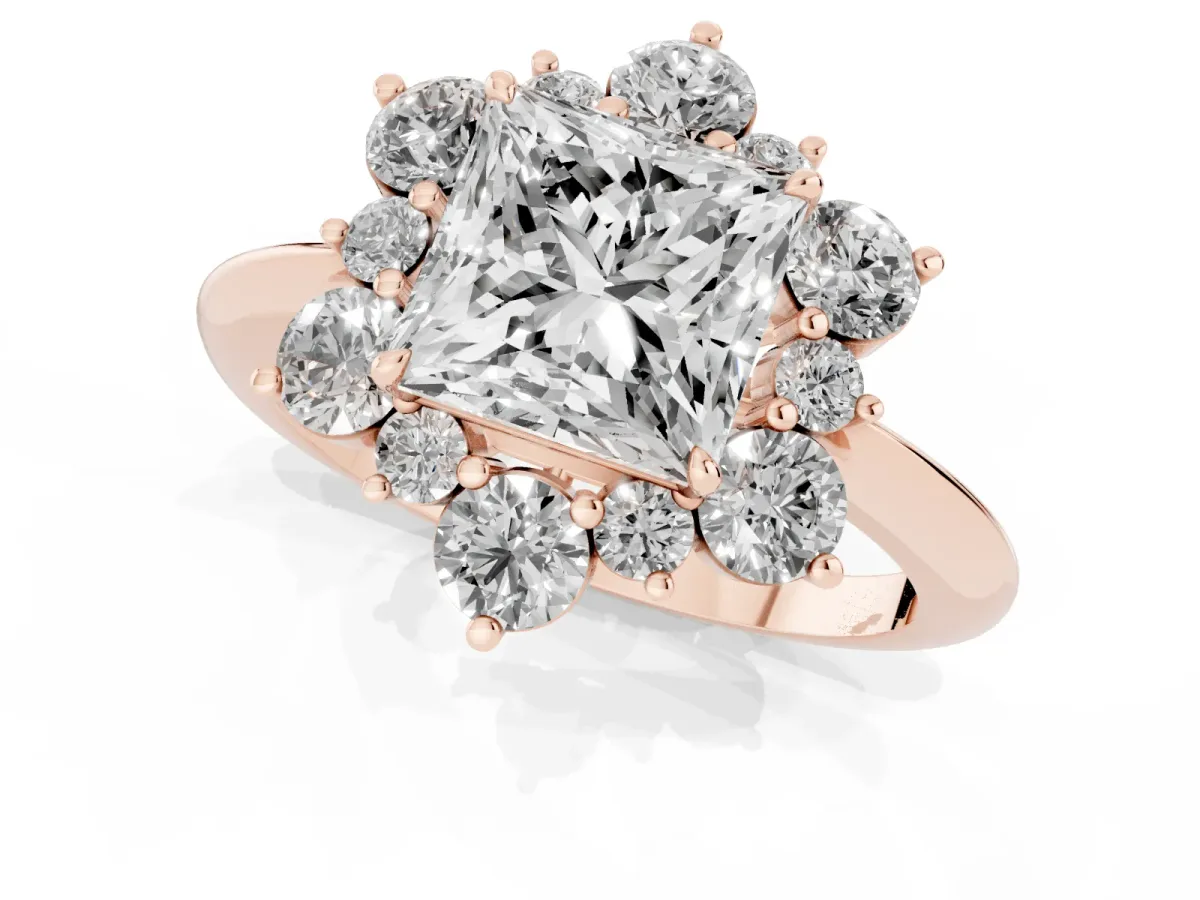 Princess Cut Diamond Cluster Halo Ring with Solitaire Band and Four-Prong Setting Rose gold