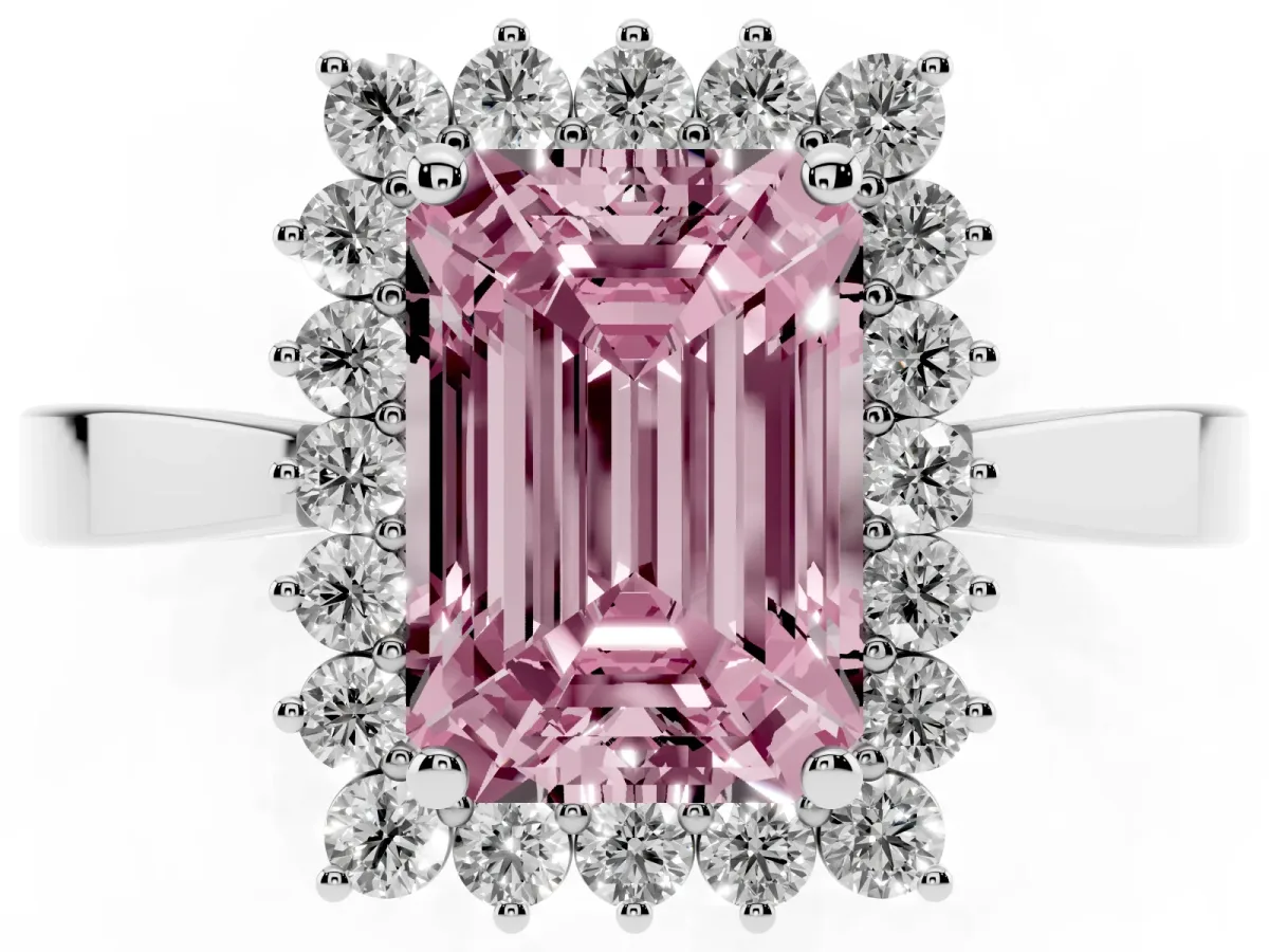Fancy Pink Emerald Cut Cut Diamond Halo Ring with Round Brilliant Halo and Solitaire Band Platinum