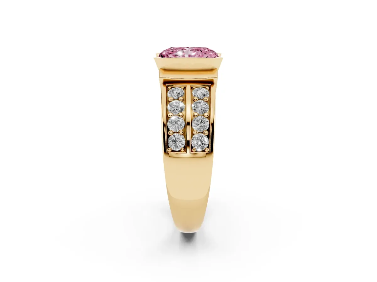 Fancy Pink Radiant Cut Brilliant Diamond Channel Set Wide Band Ring with Bezel Setting Yellow gold
