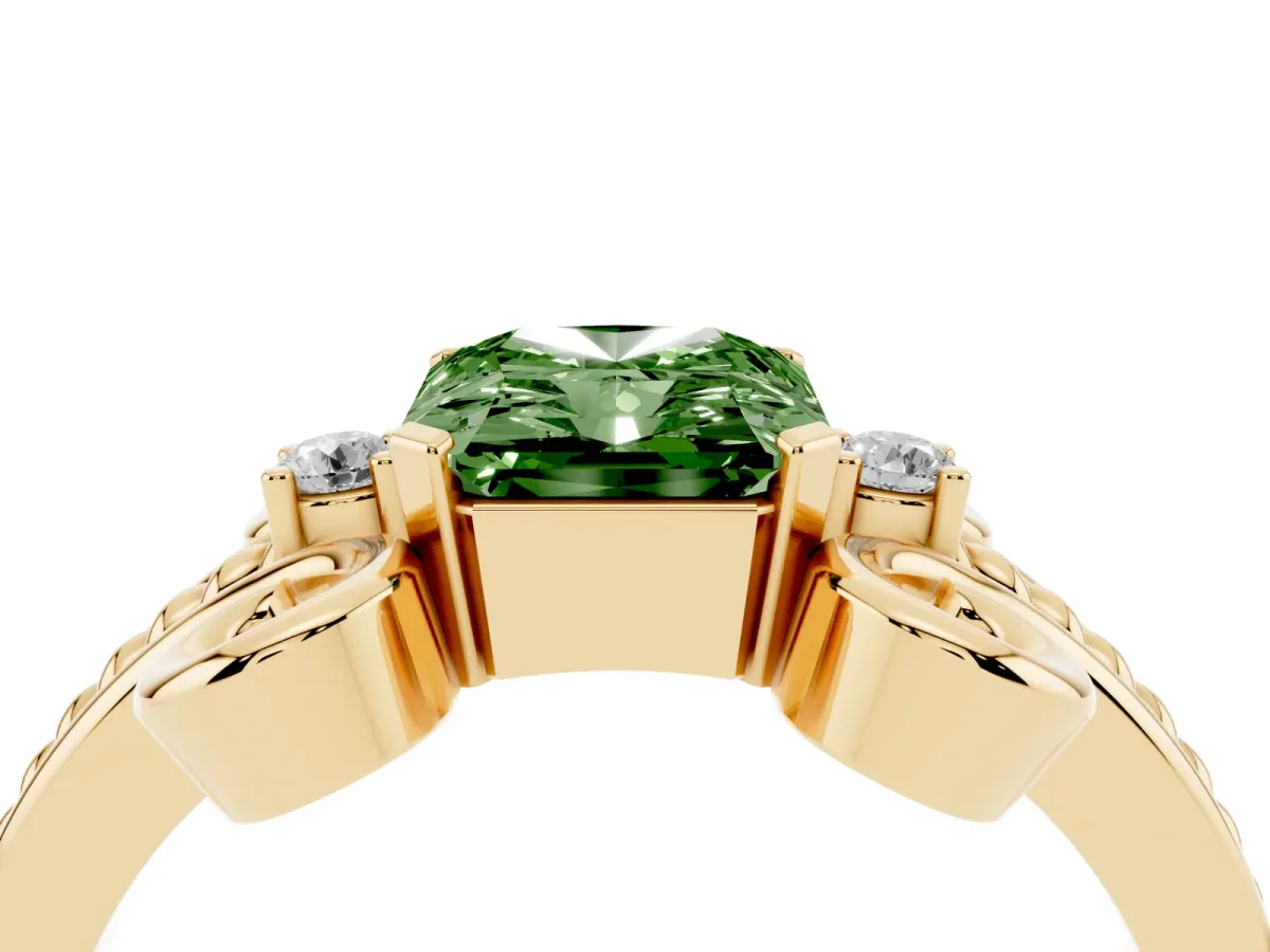 Fancy Green Radiant Cut Solitaire Twisted Band Scroll Prong Ring Yellow gold