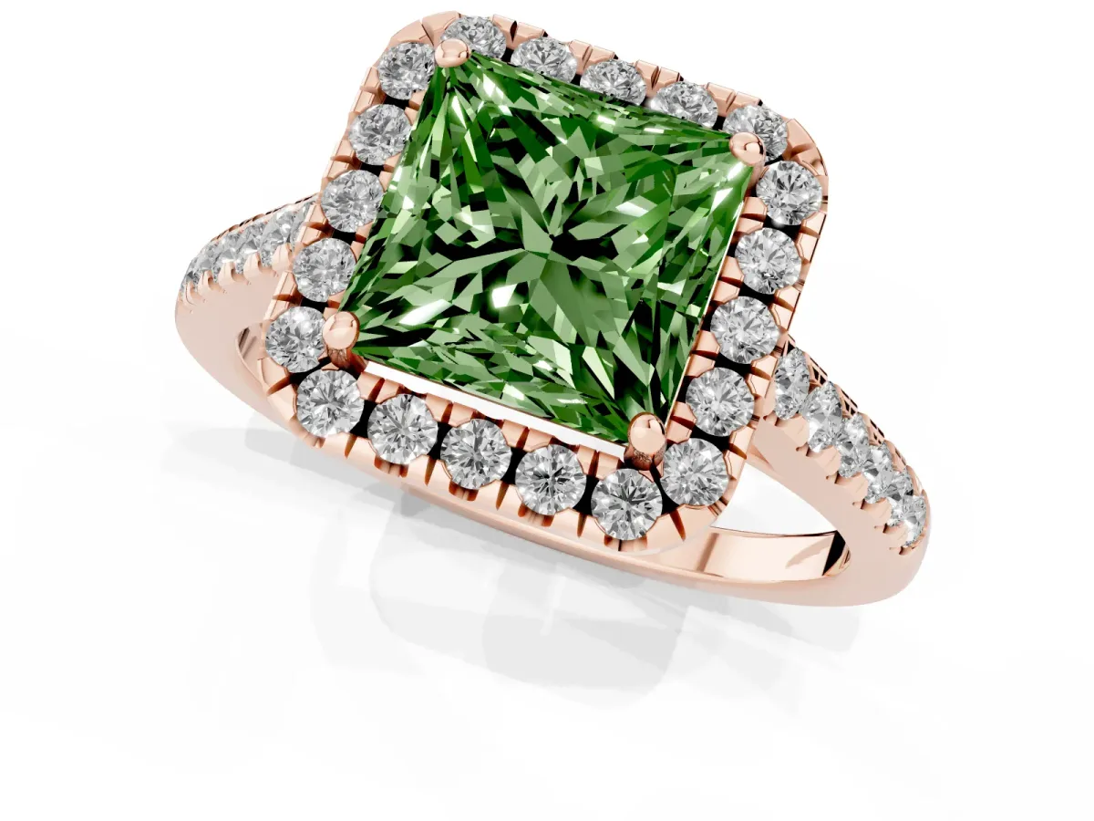 Fancy Green Princess Cut Halo Pave Diamond Engagement Ring with Four-Prong Setting Rose gold