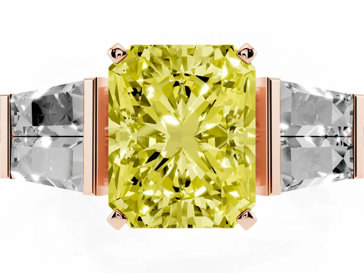 Fancy Yellow Radiant Cut Diamond Engagement Ring with Baguette Side Stones and Channel Set Band Rose gold