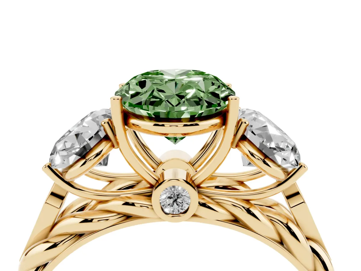 Fancy Green Three-Stone Oval Cut Diamond Braided Band Ring with Four-Prong Setting Yellow gold