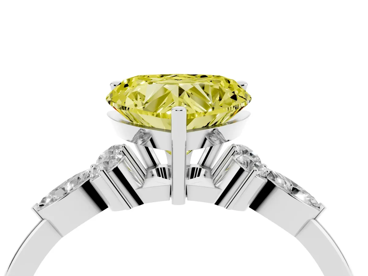 Fancy Yellow Heart Cut Brilliant Diamond Solitaire Ring with Pear Side Stones and Four-Prong Setting Silver