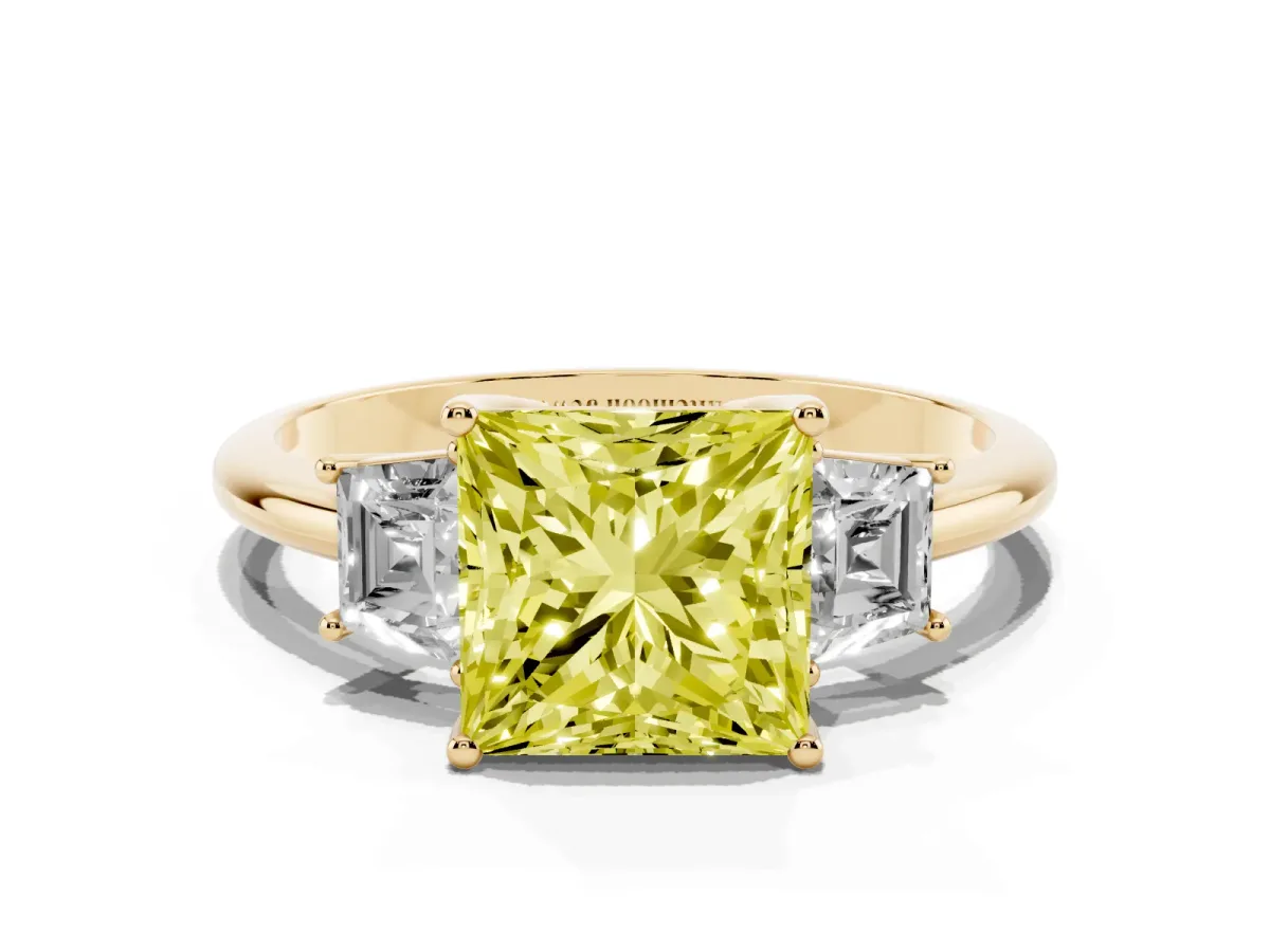 Fancy Yellow Princess Cut Diamond Three-Stone Ring with Trapezoid Side Stones and Prong Setting Yellow gold