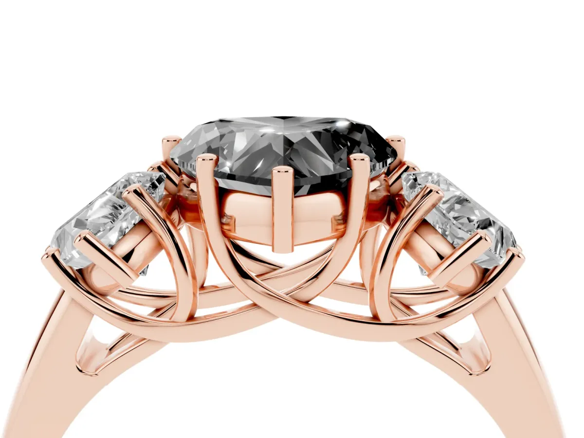 Fancy Black Three-Stone Heart Cut Diamond Engagement Ring with Prong Setting Rose gold