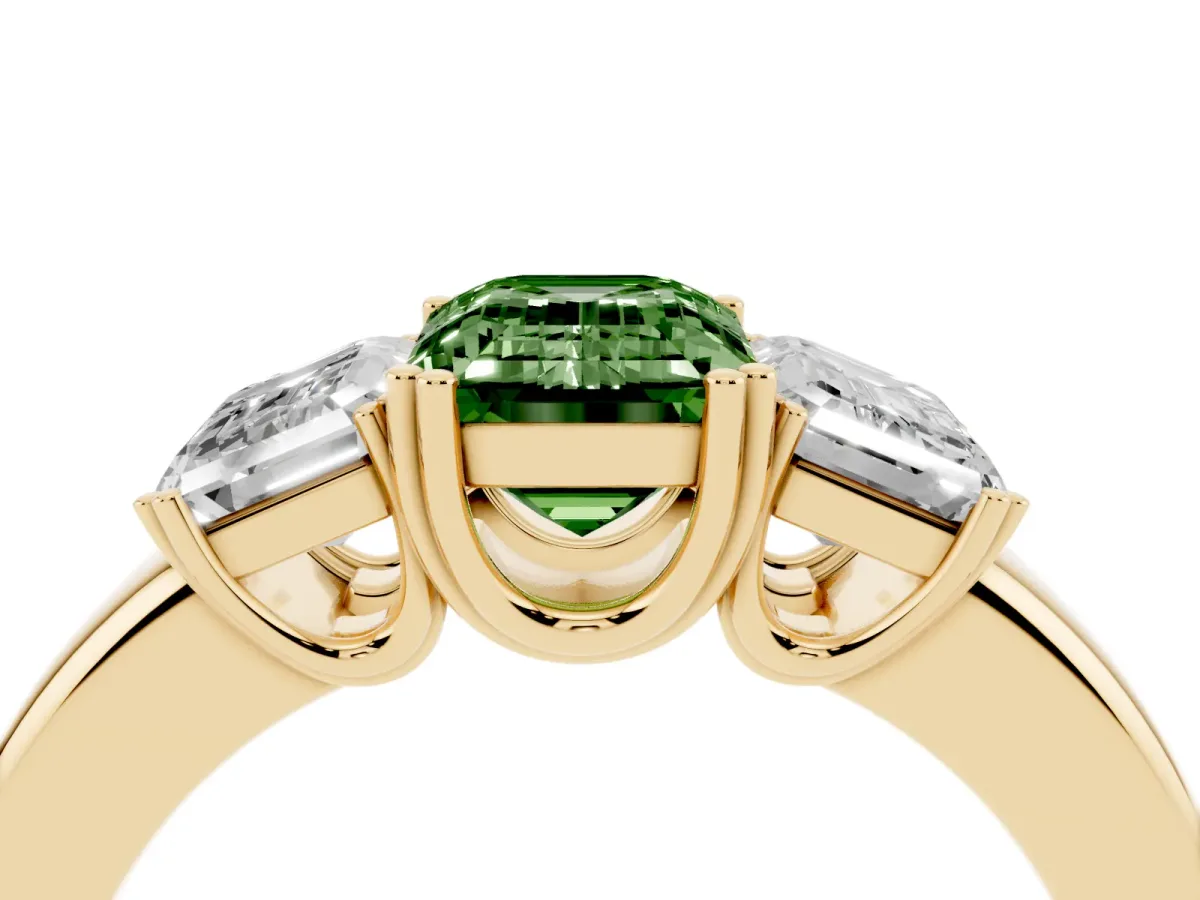 Fancy Green Three-Stone Emerald Cut Cut Diamond Ring with Channel Set Band and Four-Prong Setting Yellow gold