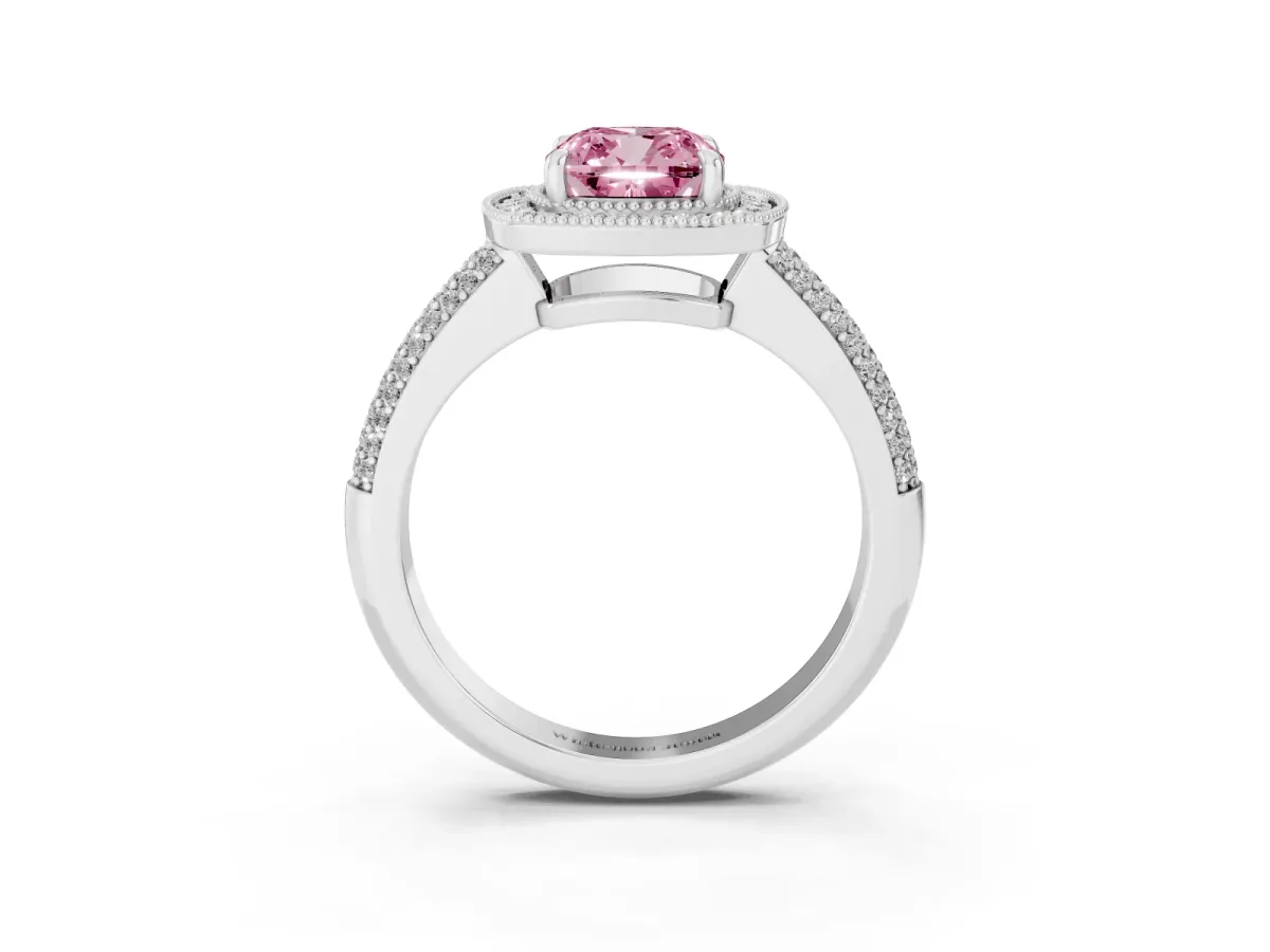 Fancy Pink Cushion Cut Cut Halo Diamond Pave Band with Four-Prong Setting Silver