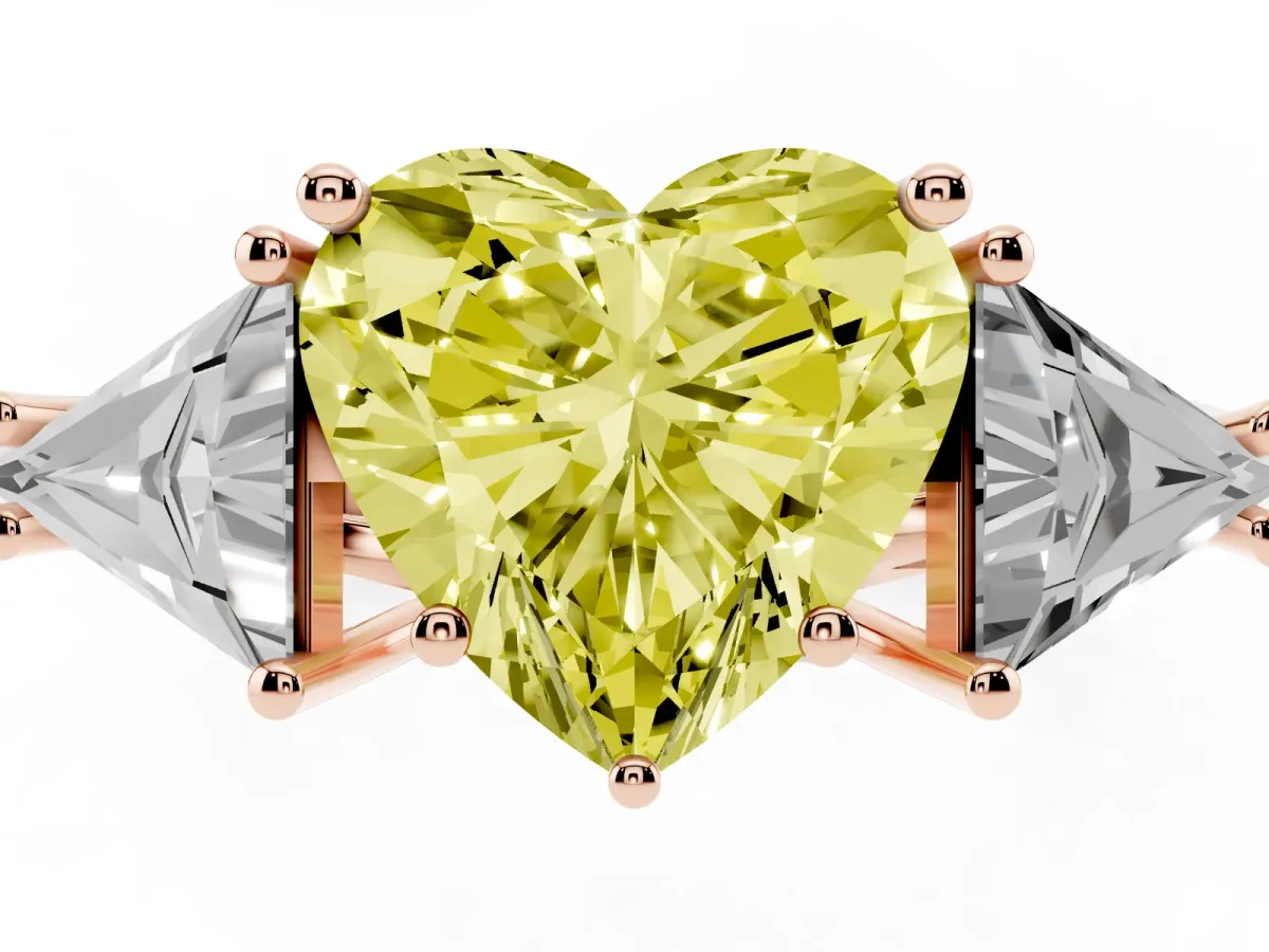 Fancy Yellow Three-Stone Heart Cut Diamond Engagement Ring with Trillion Side Stones and Prong Setting Rose gold
