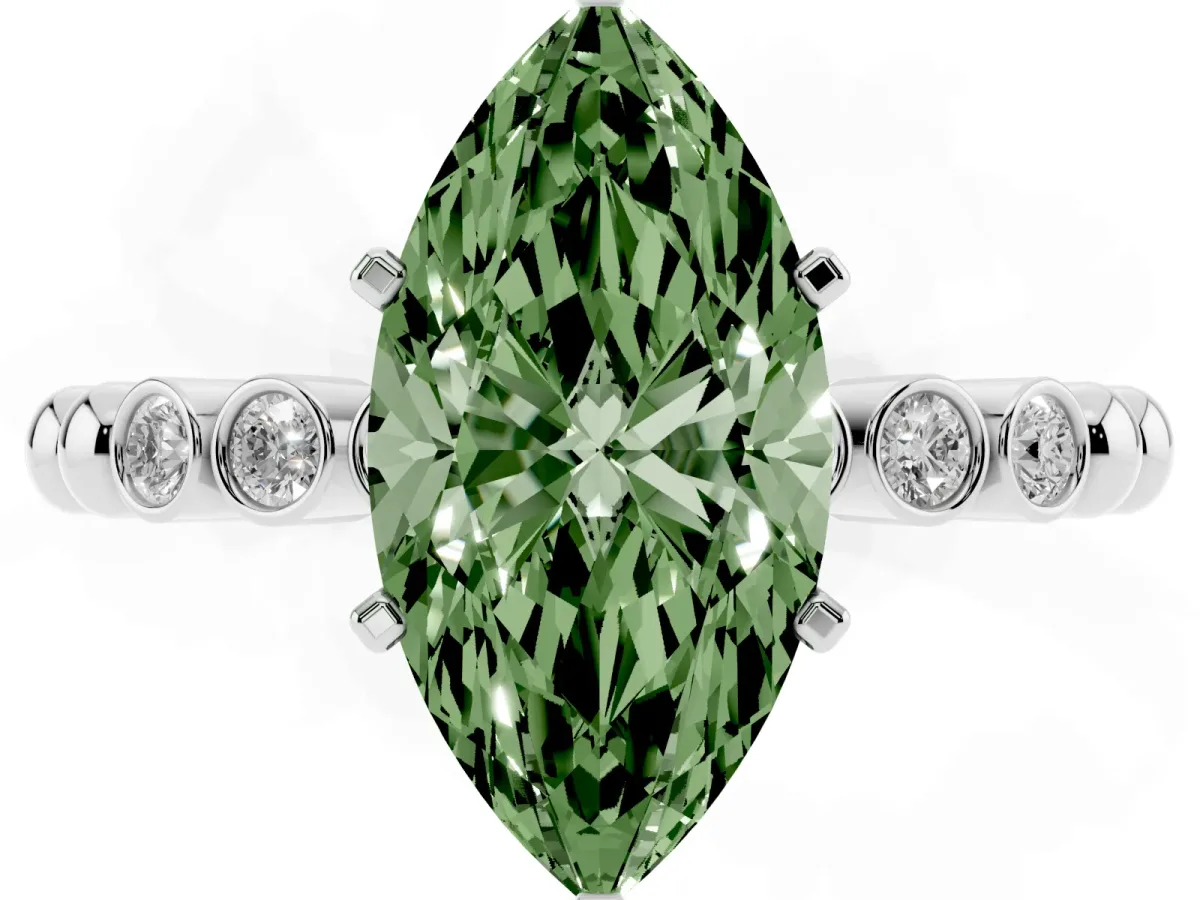 Fancy Green Marquise Cut Solitaire Bezel Accent Diamond Engagement Ring with Beaded Band and Four-Prong Setting Silver
