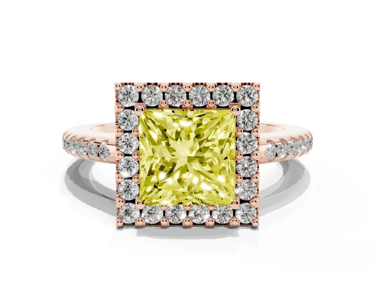 Fancy Yellow Princess Cut Diamond Pavé Halo Ring with Four-Prong Setting Rose gold