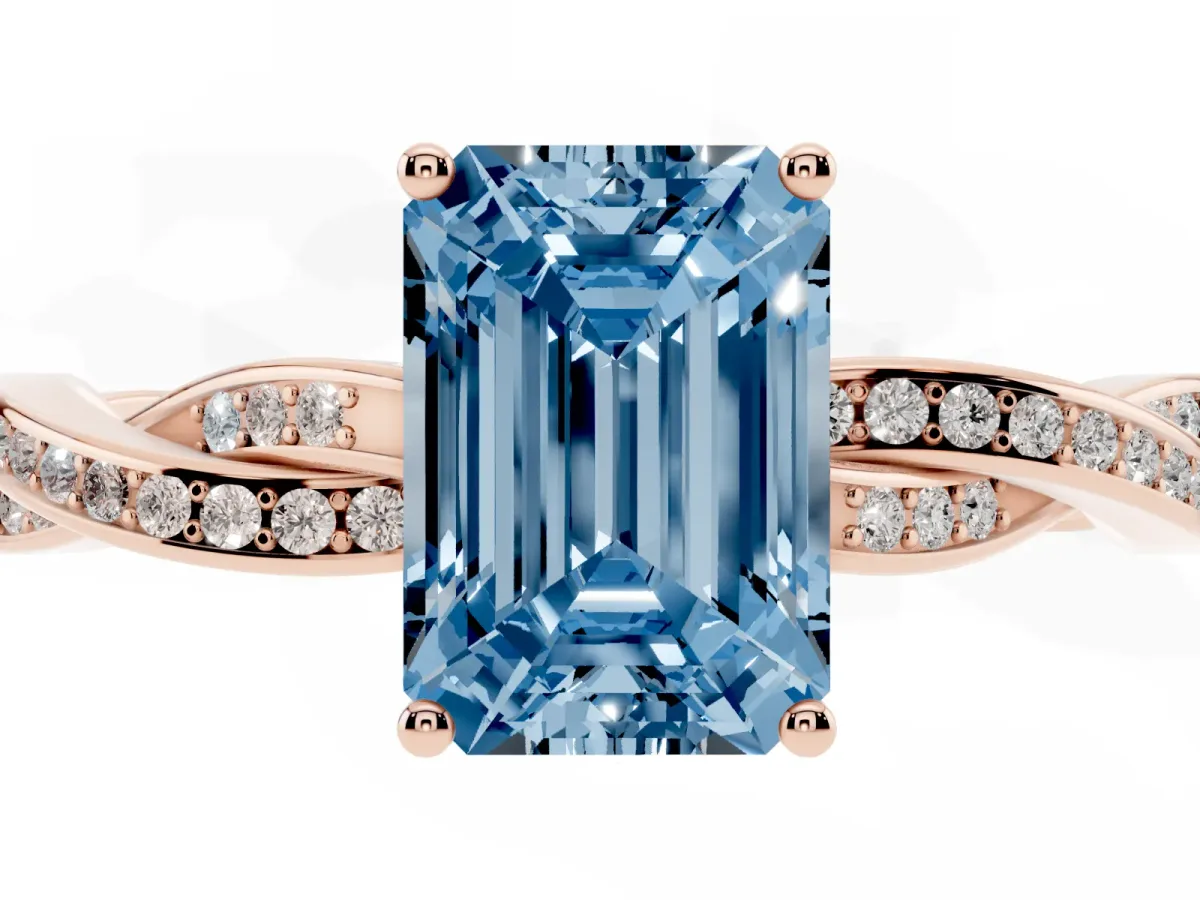 Fancy Blue Emerald Cut Solitaire Twisted Pave Diamond Ring with Four-Prong Setting Rose gold