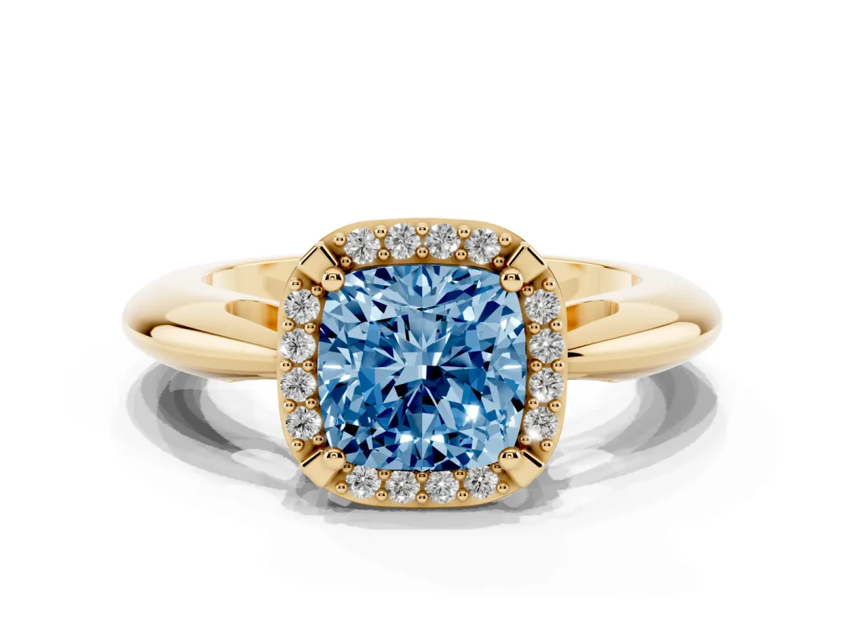 Fancy Blue Cushion Cut Cut Diamond Halo Engagement Ring with Split Shank and Four-Prong Setting Yellow gold