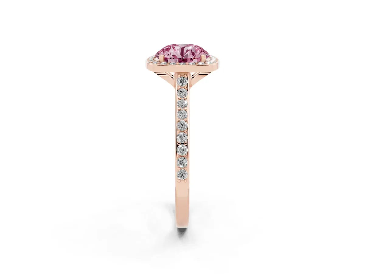 Fancy Pink Round Cut Diamond Halo Engagement Ring with Round Pavé Shoulders and Prong Setting Rose gold