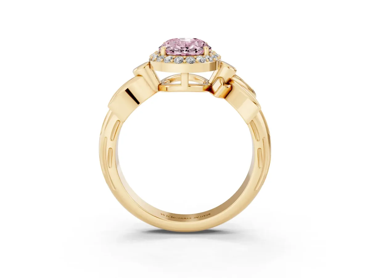Fancy Pink Oval Cut Halo Diamond Floral Band with Four-Prong Setting Yellow gold