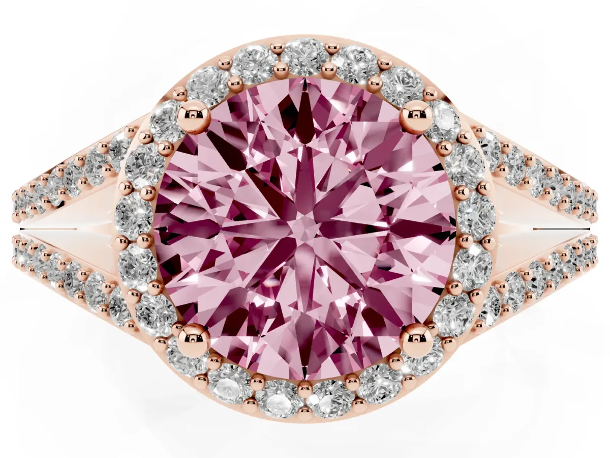 Fancy Pink Round Cut Halo Split Shank Pave Diamond Ring with Four-Prong Setting Rose gold