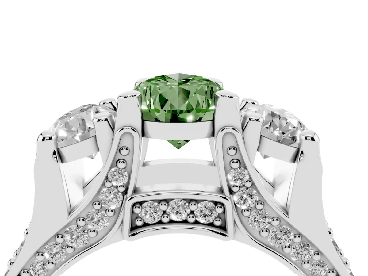 Fancy Green Pear Cut Diamond Three-Stone Ring with Channel Set Band and Four-Prong Setting Silver