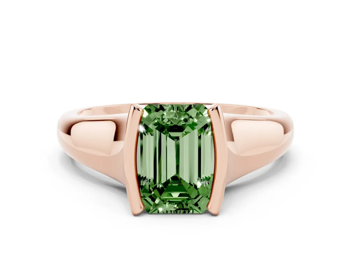 Fancy Green Emerald Cut Solitaire Tension Set Diamond Ring with Split Shank Band Rose gold