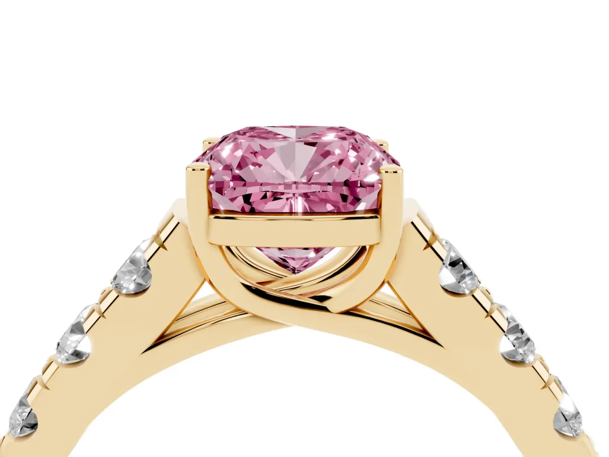 Fancy Pink Cushion Cut Cut Diamond Solitaire Ring with Micro Pave Band and Prong Setting Yellow gold