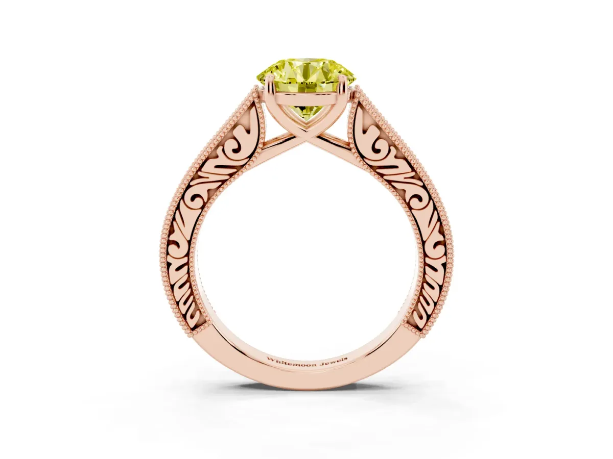 Fancy Yellow Round Cut Cut Pave Band Milgrain Solitaire Ring Rose gold