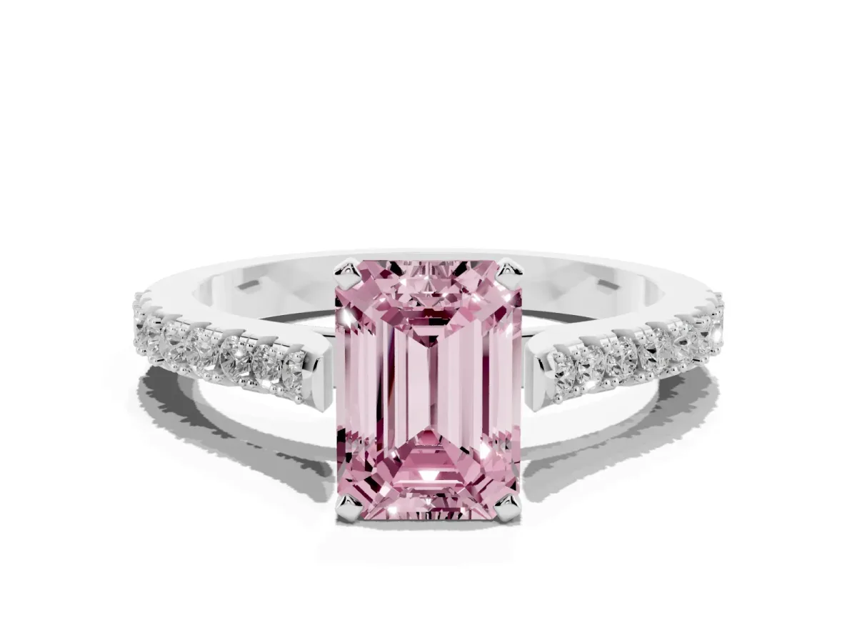 Fancy Pink Emerald Cut Cut Solitaire Diamond Engagement Ring with Pave Band and Four-Prong Setting Platinum