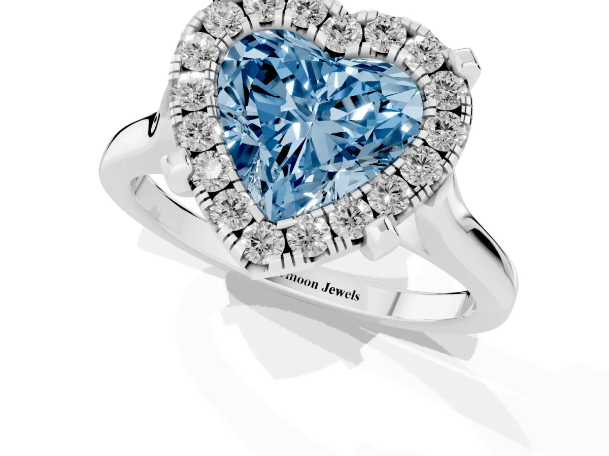Fancy Blue Heart Cut Diamond Cluster Halo Solitaire with Four-Prong Setting Silver