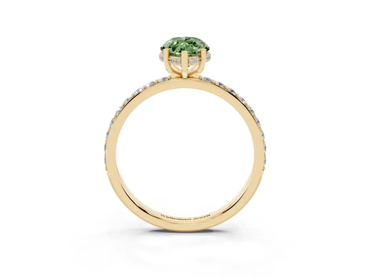 Fancy Green Marquise Cut Diamond Solitaire Ring with Pavé Band and Hidden Halo Yellow gold