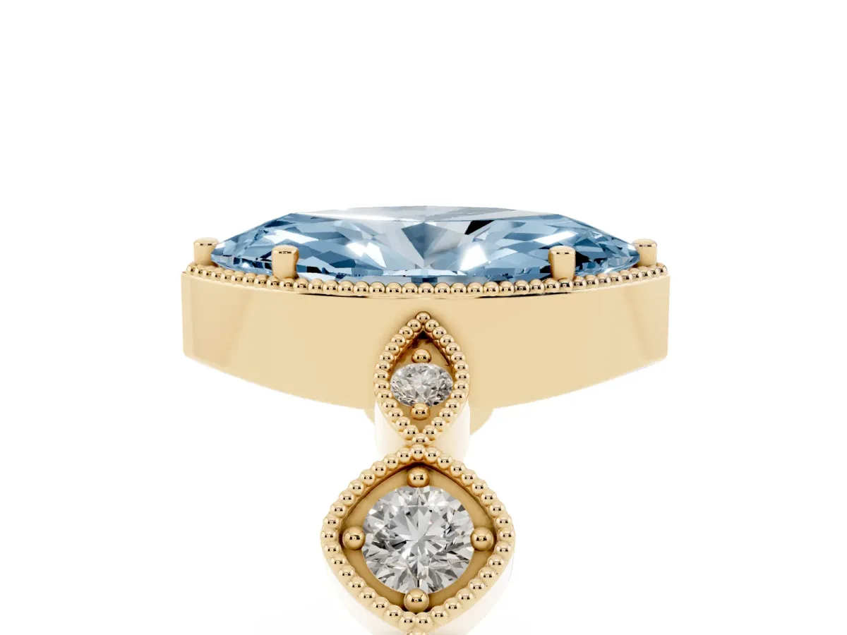 Fancy Blue Marquise Cut Diamond Vintage Milgrain Ring with Round Stations Yellow gold