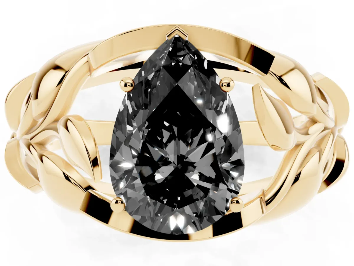 Fancy Black Pear Cut Diamond Leaf-Inspired Engagement Ring with Round Accents and Prong Setting Yellow gold