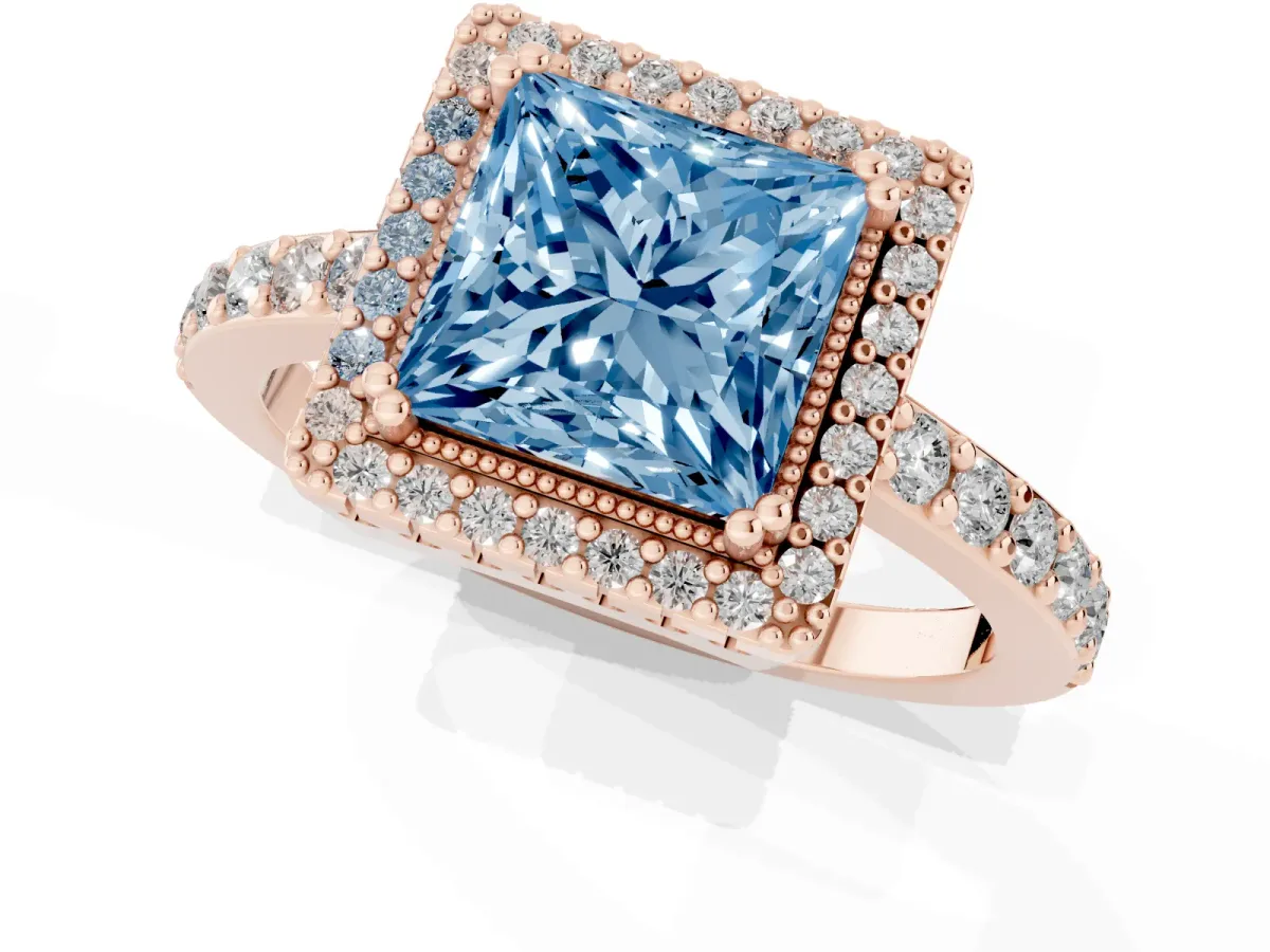 Fancy Blue Princess Cut Cut Diamond Halo Engagement Ring with Milgrain Detail and Pavé Band Rose gold
