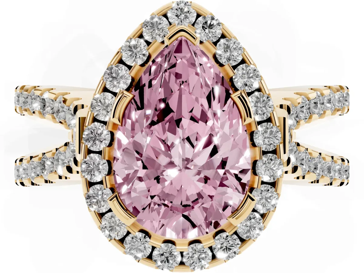 Fancy Pink Pear Cut Diamond Halo Ring with Split Shank Pavé Band and Prong Setting Yellow gold