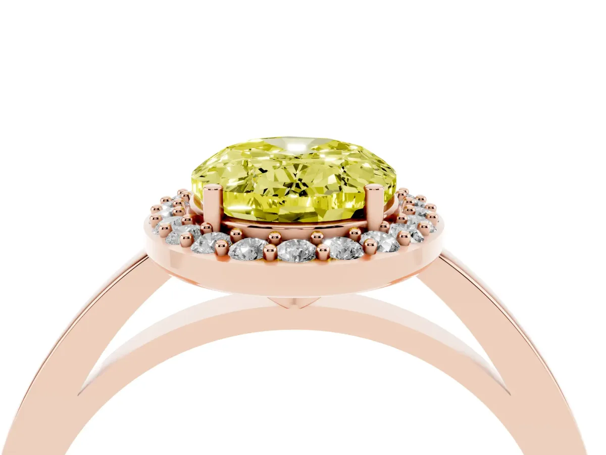 Fancy Yellow Oval Cut Halo Diamond Ring with Solitaire Band and Prong Setting Rose gold