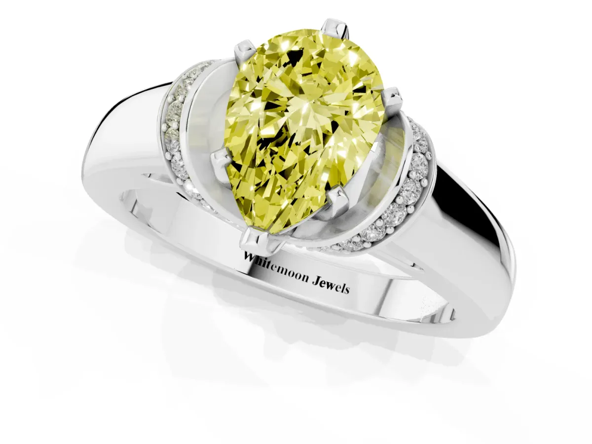 Fancy Yellow Pear Cut Solitaire Diamond Ring with Pave Band and Six-Prong Setting Silver