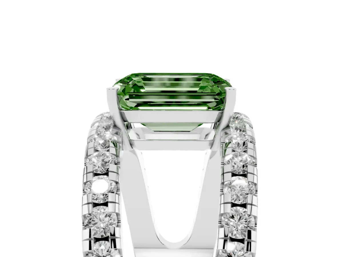 Fancy Green Emerald Cut Solitaire Split Shank Pave Diamond Ring Silver