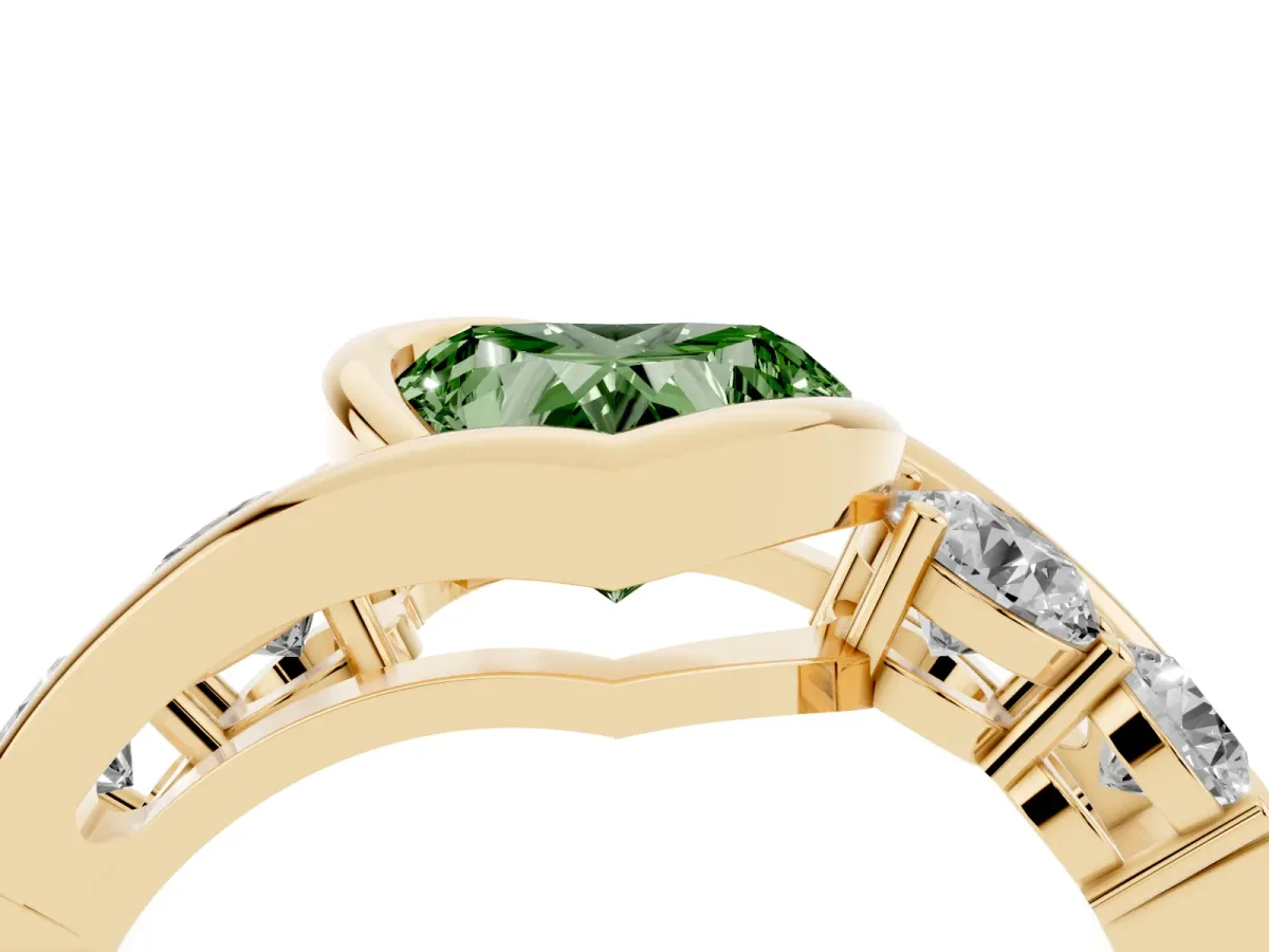 Fancy Green Bezel Set Heart Cut Diamond Bypass Ring with Round Accents Yellow gold