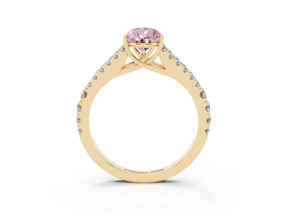 Fancy Pink Pear Cut Diamond Split Shank Engagement Ring with Round Pavé and Prong Setting Yellow gold