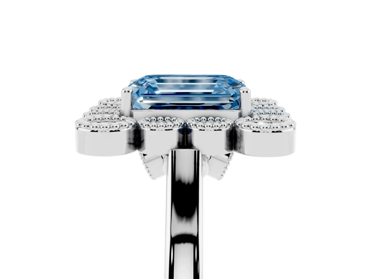 Fancy Blue Emerald Cut Halo Diamond Cluster Engagement Ring with Milgrain Bezel Setting and Solitaire Band Platinum